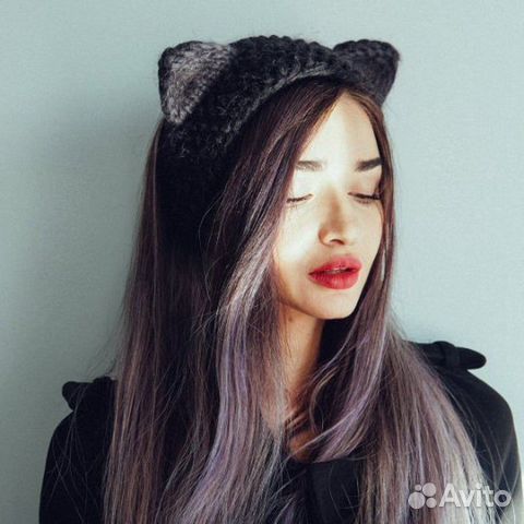 Повязка на голову с ушками, уши кошки, вязаная