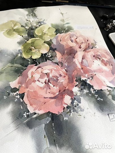 Картина цветы акварелью нежные пионы