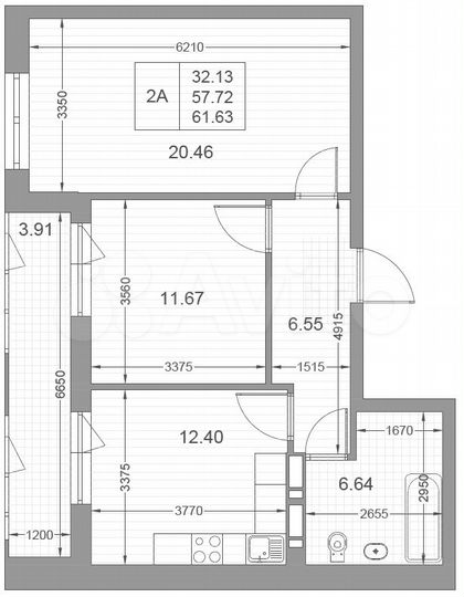 2-к. квартира, 61,6 м², 5/10 эт.