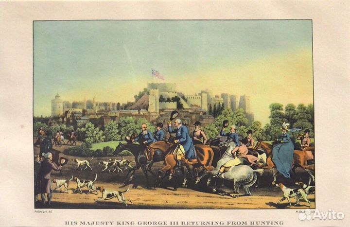 Гравюра старинная тиражная “Его величество Георг III возвращается с охоты”. Середина XIX века