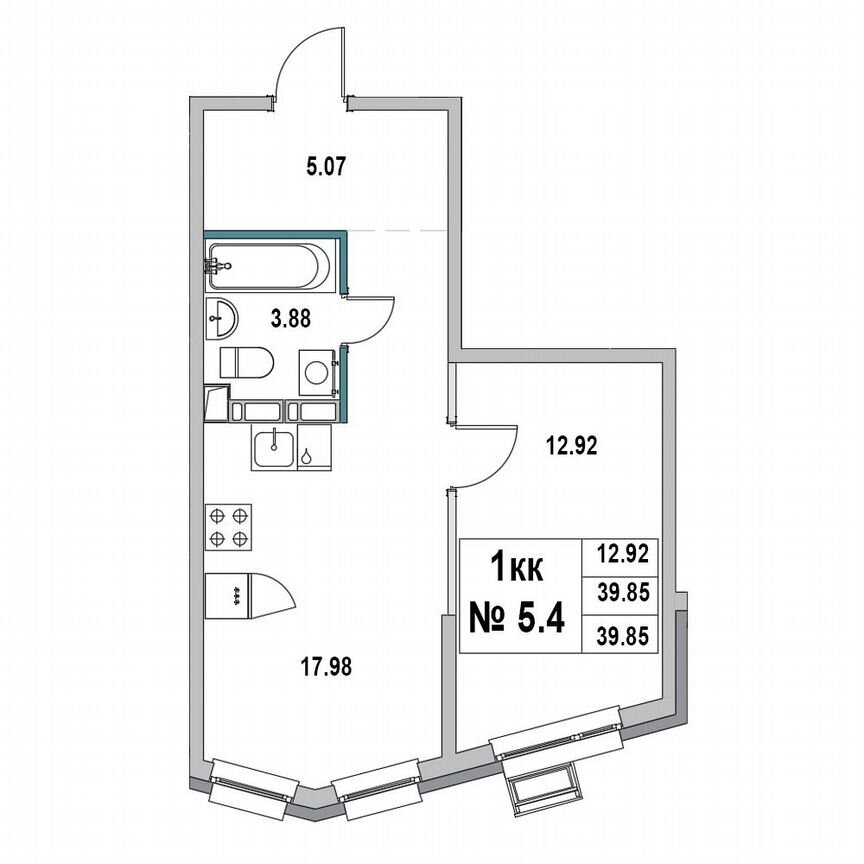 1-к. квартира, 38,9 м², 5/7 эт.