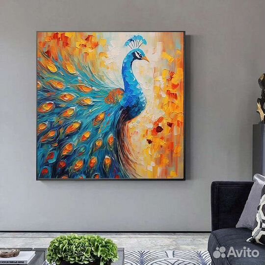 Текстурная картина маслом для интерьера Павлин