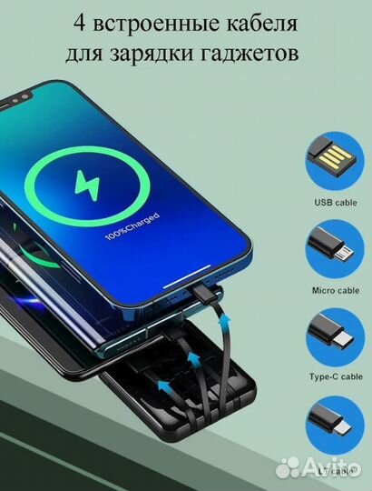 Внешний аккумулятор со встроенными кабелями Thatti