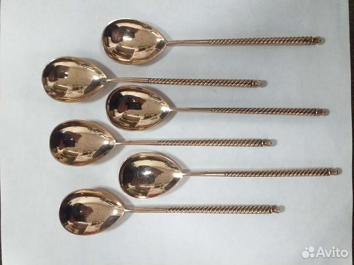 Чайные ложки витые серебро позолота СССР 875 пр