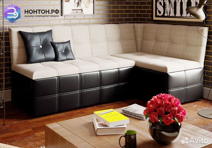 Скамья угловая Домино кожзам темный / ткань светла