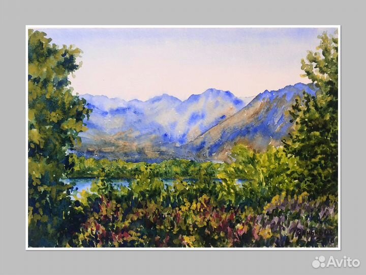 Картина пейзаж акварелью Вид на горы
