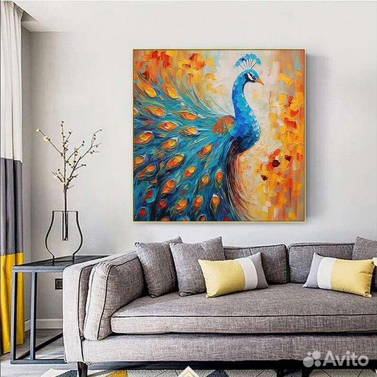 Текстурная картина маслом для интерьера Павлин