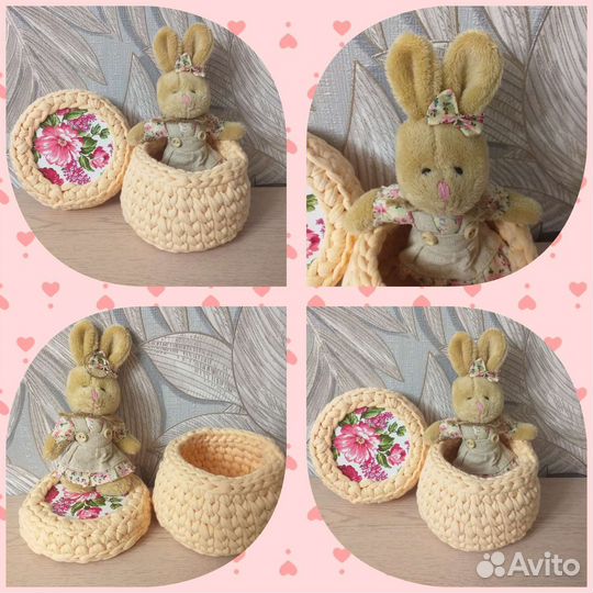 Вязаная шкатулка с зайкой, ручной работы