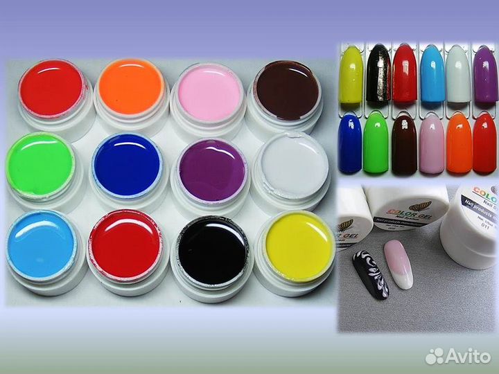 Цветные гели. Набор гель-красок для маникюра 12цв