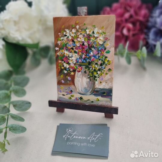 Картина цветы мaслом миниатюра натюрморт с цветами