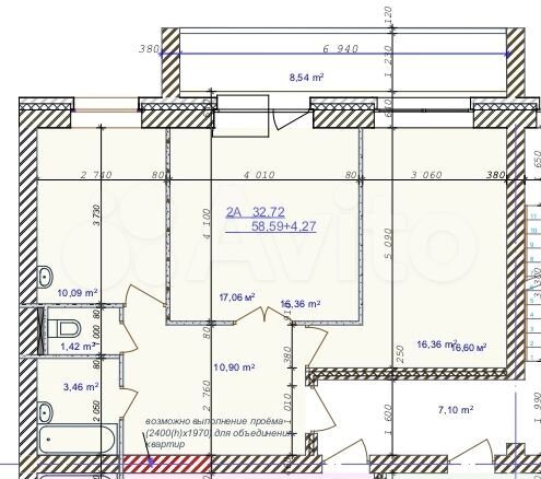 2-к. квартира, 62,9 м², 4/6 эт.