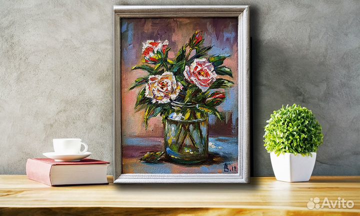 Небольшая картина маслом цветы Розы натюрморт