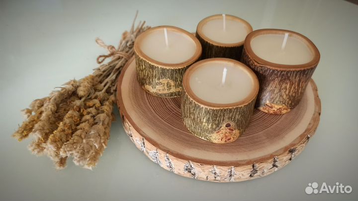 Свеча. Спил дерева. Аромосвеча