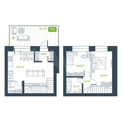 2-к. квартира, 79 м², 1/2 эт.