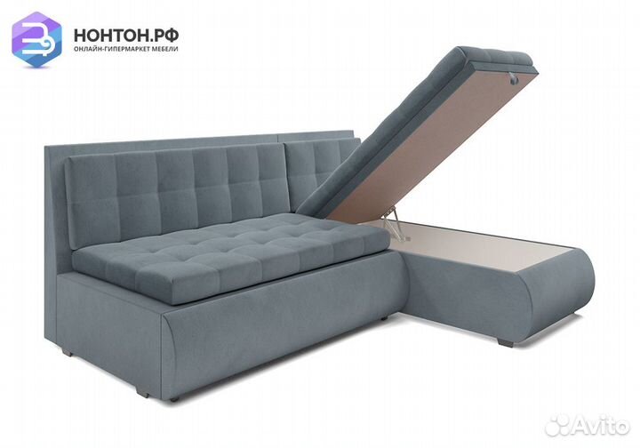 Угловой диван дельфин Кормак велюр серо-синий