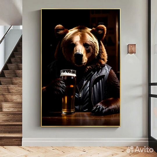 Оригинальная картина маслом медведь и пиво Примерк