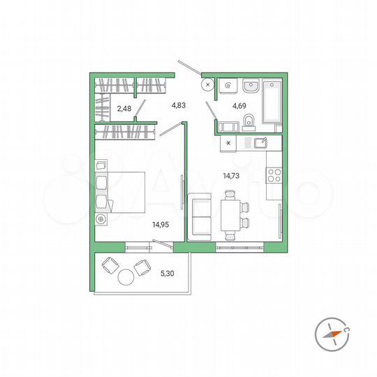 1-к. квартира, 43,3 м², 4/9 эт.