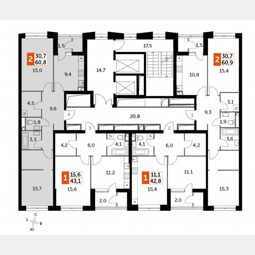 2-к. квартира, 60,8 м², 4/28 эт.