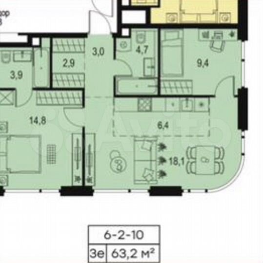 3-к. квартира, 63,2 м², 4/20 эт.