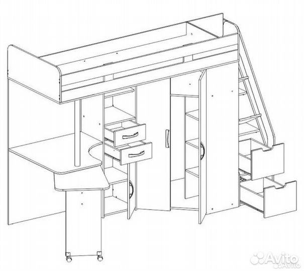 Кровать чердак со столом и шкафом