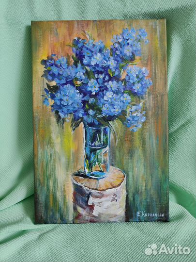Картина маслом цветы пионы космеи незабудки