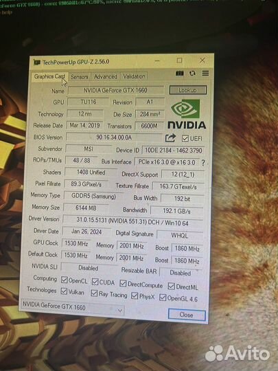 Видеокарта GTX 1660 6gb MSI Gaming X