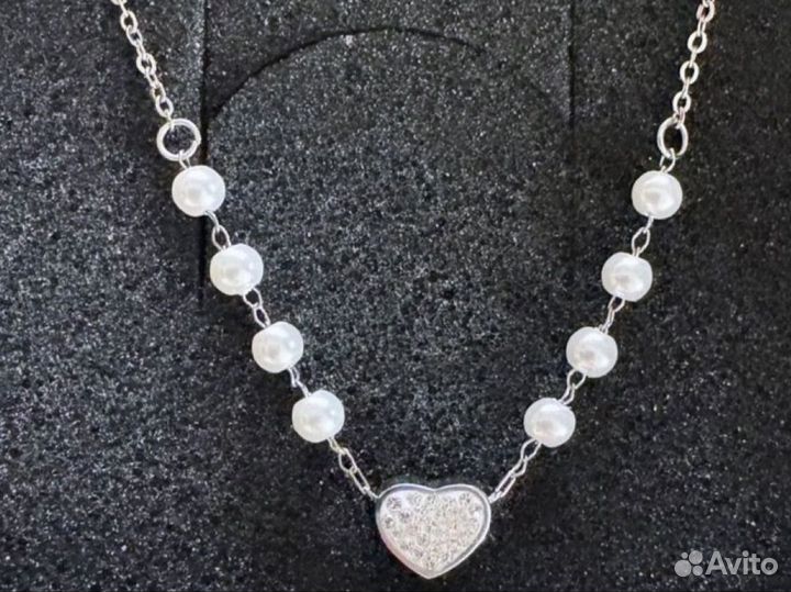Кулон Италия сердце с кристаллами и жемчугом