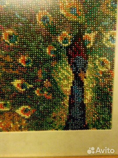 Картина павлин, вышивка, бисер