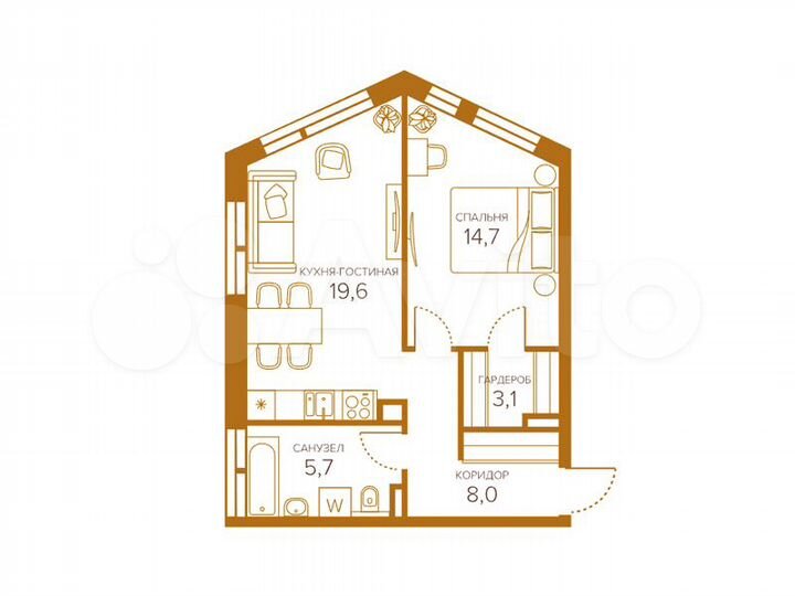 1-к. квартира, 51,1 м², 2/8 эт.