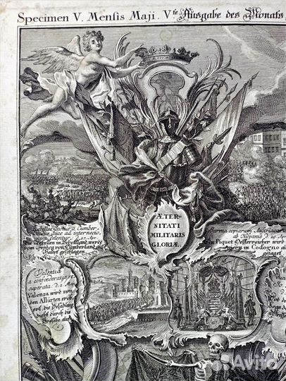 Гравюра 18 век Скелет Аллегория Битва Война Рококо