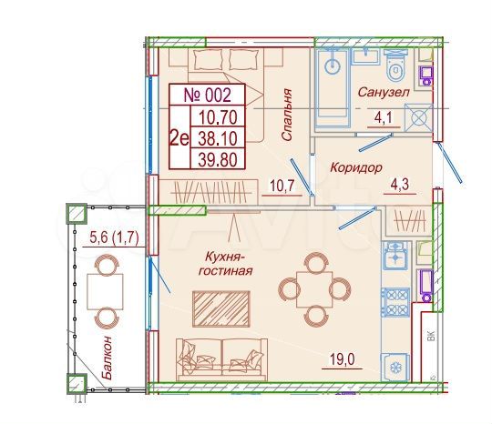 1-к. квартира, 39,8 м², 1/5 эт.