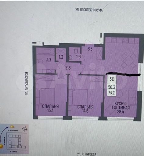 3-к. квартира, 73,2 м², 4/9 эт.