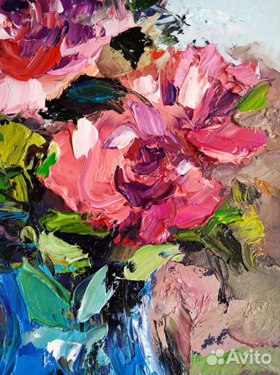 Картина маслом мастихином цветы Розы ручная работа