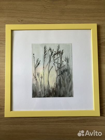 Картина рассвет утро трава цветы акварель А5