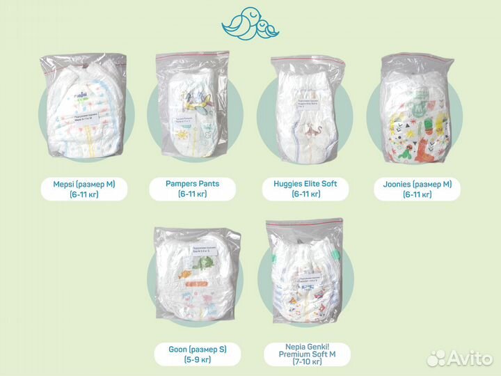Подгузники-трусики 5-11 кг. Набор из 9 брендов