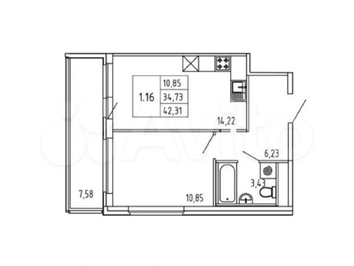 1-к. квартира, 42 м², 12/21 эт.