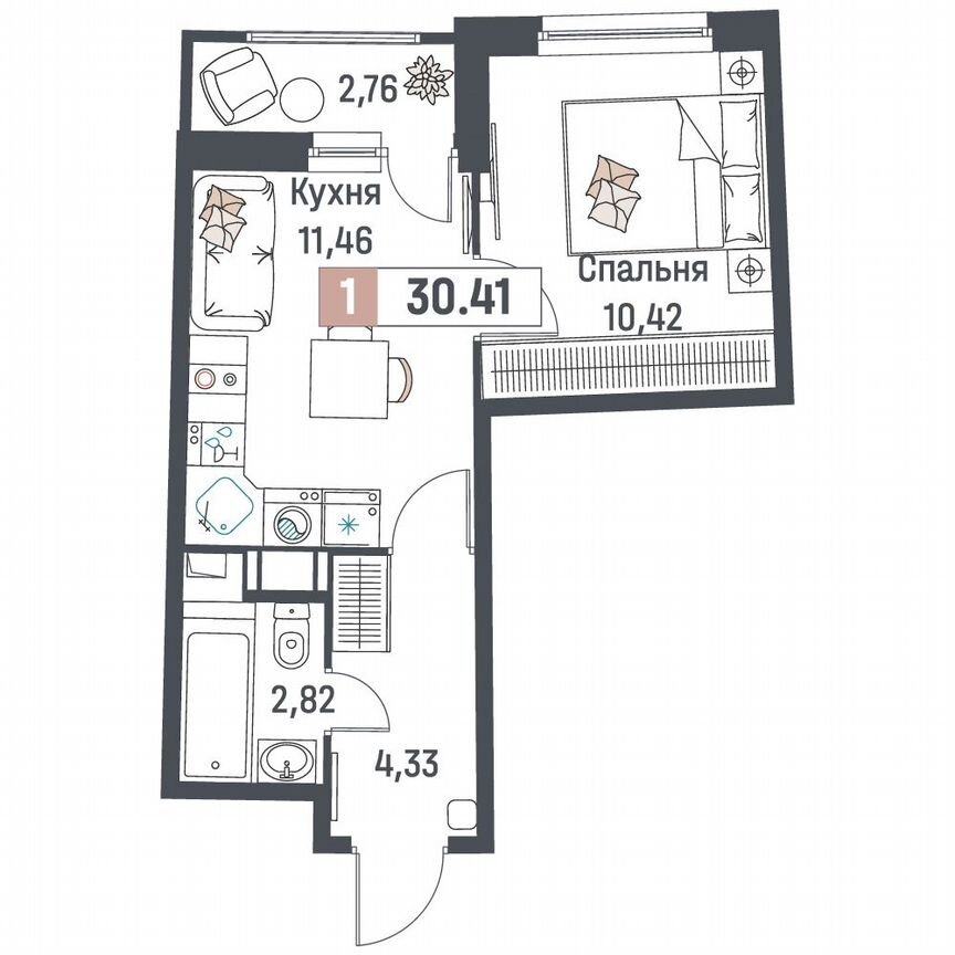 1-к. квартира, 30,4 м², 13/18 эт.