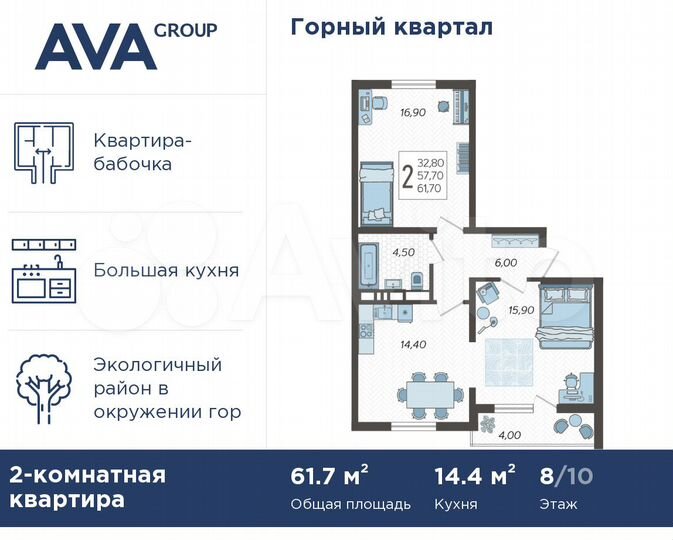 2-к. квартира, 61,7 м², 8/10 эт.