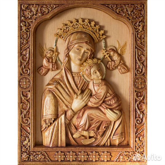 Резная деревянная икона Богоматерь с младенцем