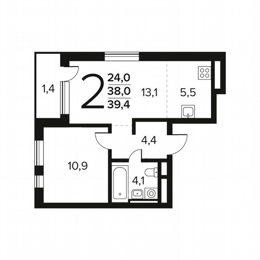2-к. квартира, 39,4 м², 6/9 эт.