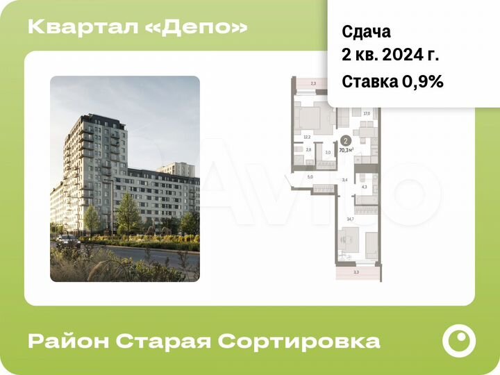 2-к. квартира, 70,3 м², 6/17 эт.