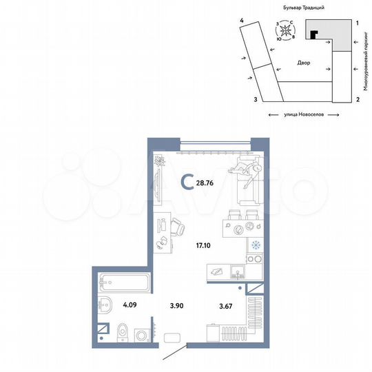 Квартира-студия, 28,8 м², 5/16 эт.