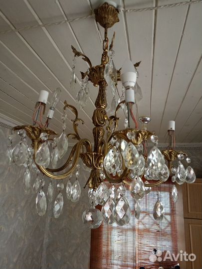 Винтажная люстра чехословакия бронза+хрусталь