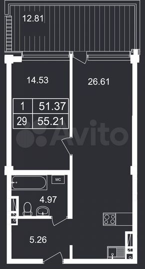 1-к. апартаменты, 55,2 м², 3/8 эт.