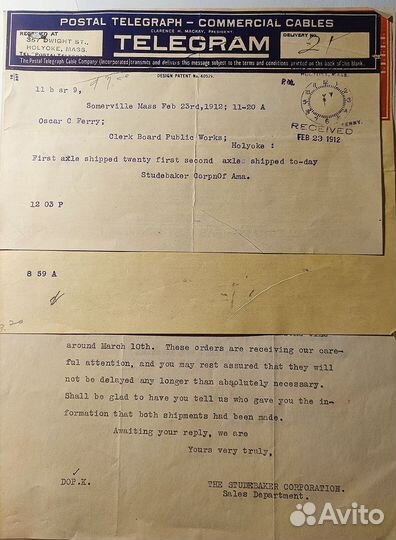 Переписка фирмы Studebaker 1912 года, документы
