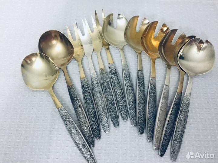 Ложки, вилки сервировочные, серебро 916, позолота