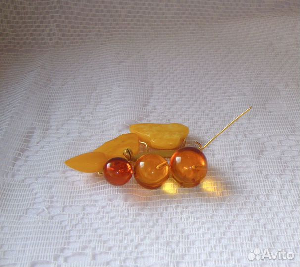 Янтарная Брошь Натуральный Янтарь Желток Латунь