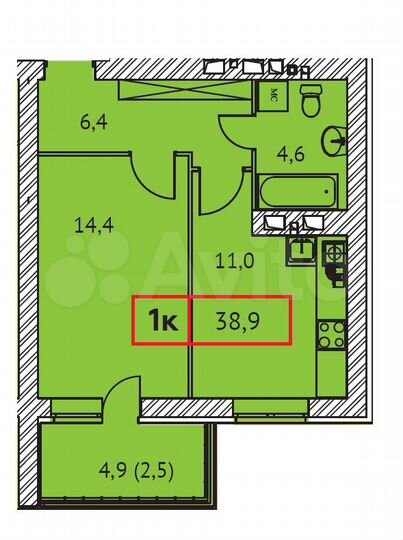 1-к. квартира, 38,9 м², 6/9 эт.