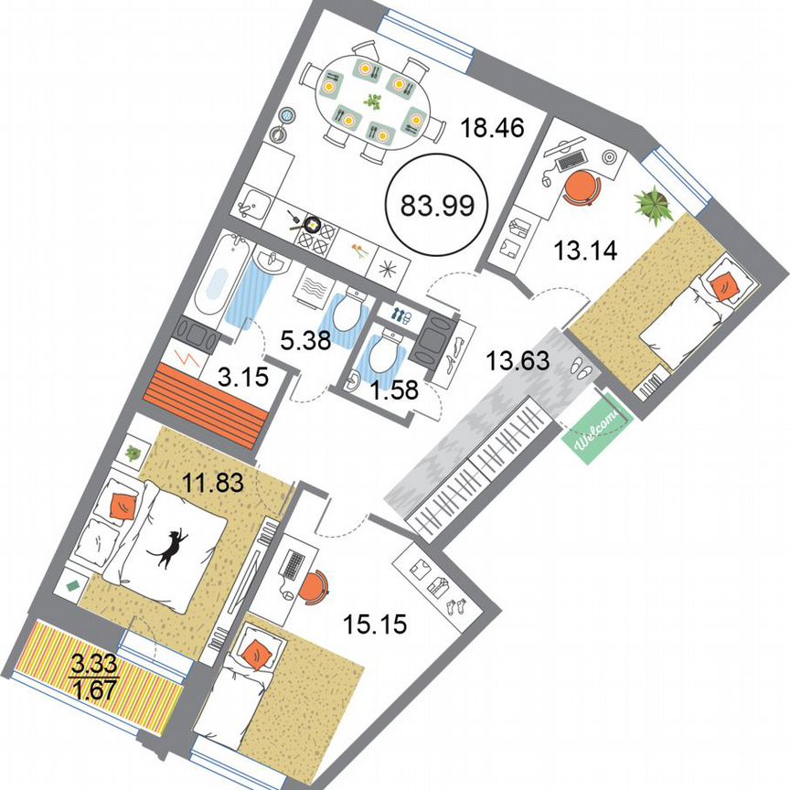 3-к. квартира, 84 м², 4/12 эт.