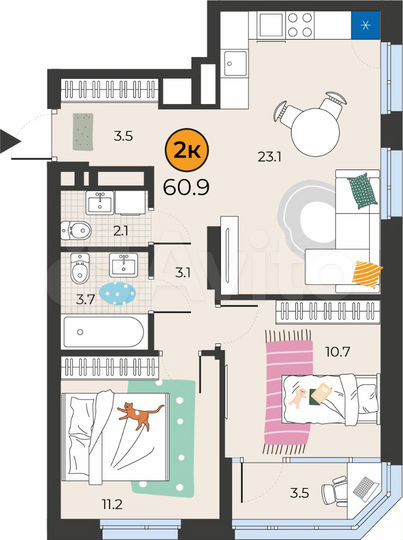 2-к. квартира, 60,1 м², 1/14 эт.